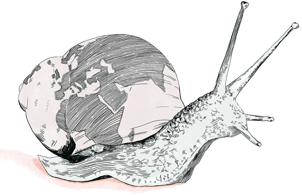 Illustration of a snail with its eyes extended upward and feelers reaching forward. The shell features a subtle pattern resembling a world map, suggesting the shell as a globe. A pale coral trail follows behind the snail. The image symbolizes the need for the world to slow down its pace of consumption.